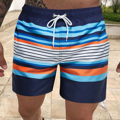 Men's board shorts Fashion striped print color contrast Swim shorts Classic drawstring swim shorts Summer surf swim suit