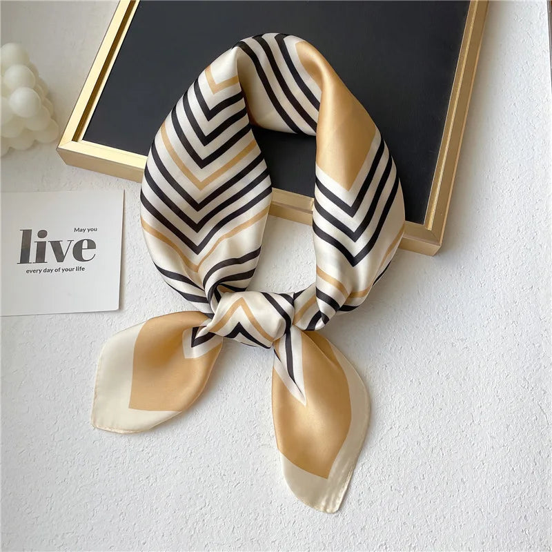 2022 Luxury Silk Finish Shawl Stripes Neckerchief Satin Square Scarf for Women Foulard Hijab Female Bandana