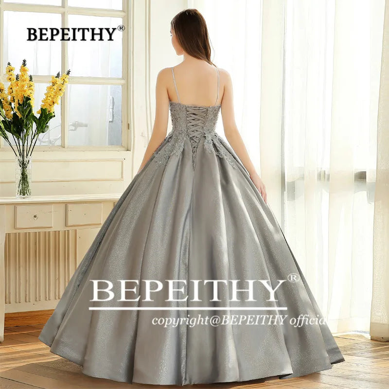 BEPEITHYCustomized Elegant Ball Gown Evening Dress Spaghetti Straps Lace Bodice Glitter Fabric Prom Vestidos De Ocasión Formales