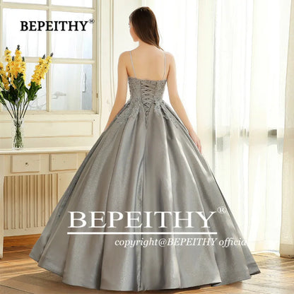 BEPEITHYCustomized Elegant Ball Gown Evening Dress Spaghetti Straps Lace Bodice Glitter Fabric Prom Vestidos De Ocasión Formales