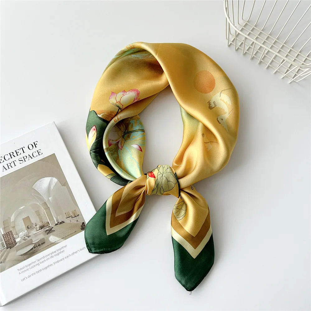 70cm New Luxury Florals Print Satin Silk Square Scarf for Women Soft Hair Bands Hijab Female Headband Foulard 2023 New