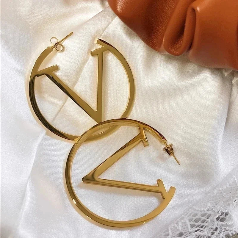 2024 New Trends V Letter Hoop Earrings For Women Stainless Steel Earrings Punk Round Ear Jewelry Gift