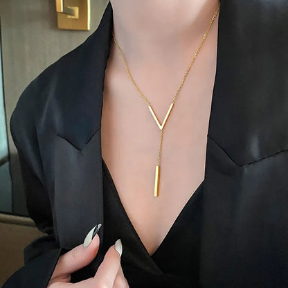 hStainless steel V-shaped long sexy Clavicle Necklace Ladies and girls stainless steel Gold colour chain Necklace  Party jewelry