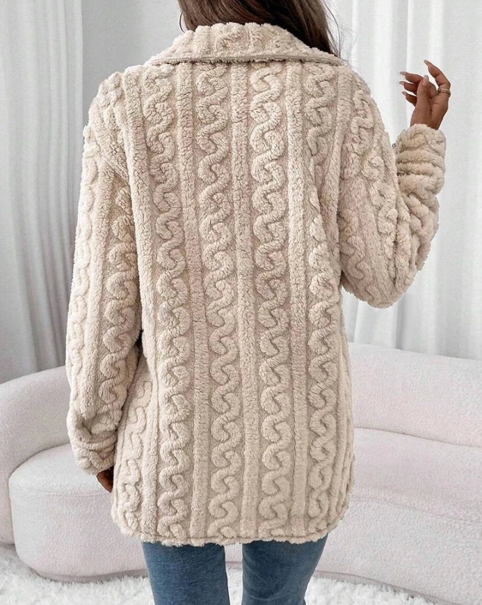 Elegant Cable Textured Button Down Teddy Coat 2025 Autumn Winter Spring New Fashion Casual Female Clothing