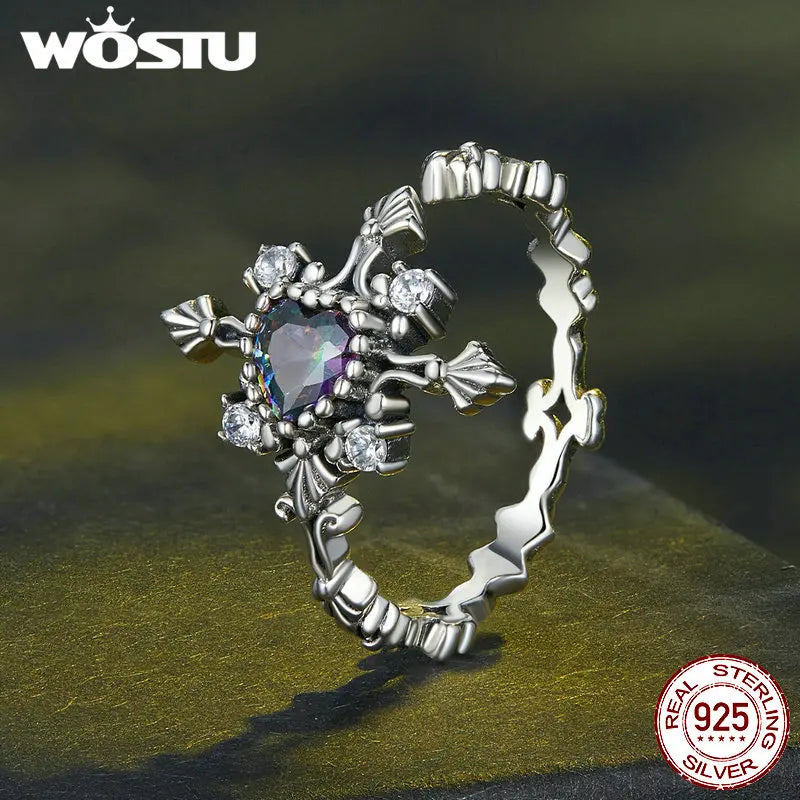 WOSTU 925 Sterling Silver Rainbow Mystic Quartz Cross Open Rings For Women Retro Eternity Faith Ring Party Jewelry Family Gift