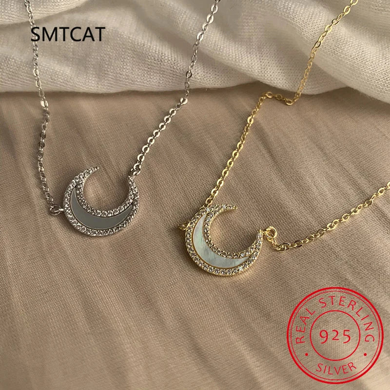 925 Sterling Silver Moon Necklace for Women White Shell Shiny Clavicle Chain Necklaces Party Jewelry Colar de Prata S-N773