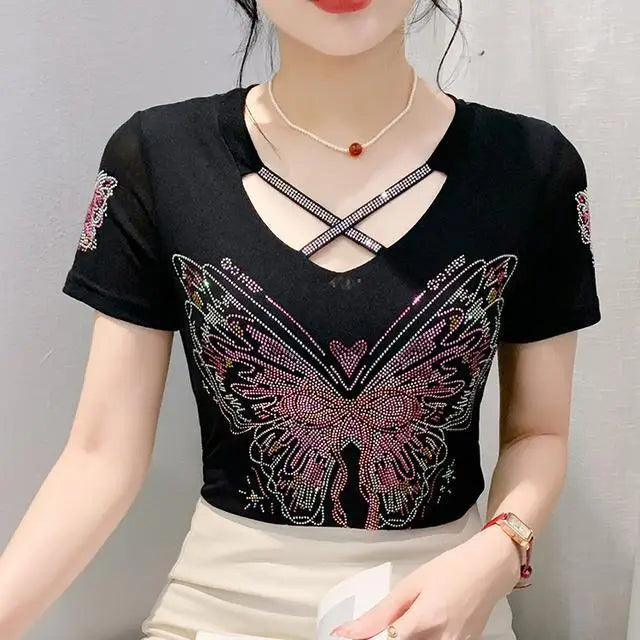 Fashion T-shirt  Diamonds Letter Rose