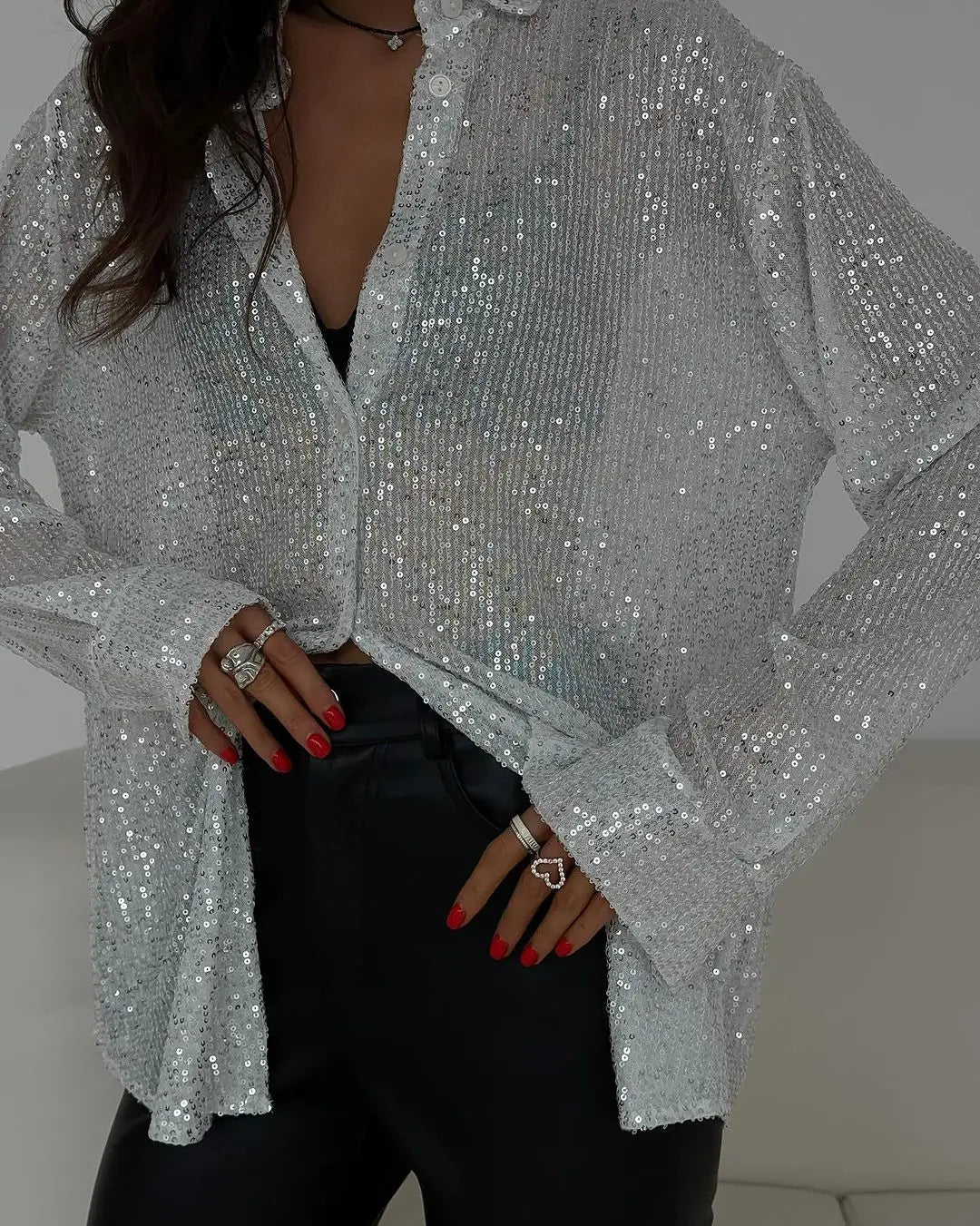 Fashion Solid Shiny Blouse For Women Chic Female Turn Down Collar Long Sleeves Shirt Elegant Single Breasted Ladies Loose Blouse