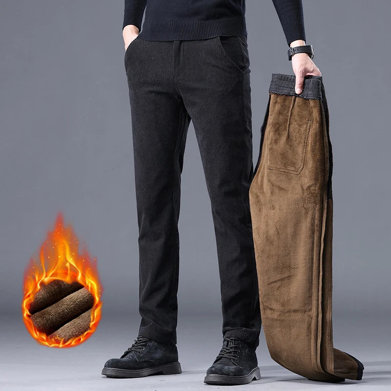 Khaki Black Gray Fleece Men's Corduroy Casual Pants Chenille Thick Stretch Business Trousers Mid-rise Brand Winter Thermal Pants