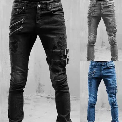 Men High Waist Fashion Jean Spring Summer Boyfriend Motorcycle Street Wear Skinny Casual Denim Pants Jeans Straight Trousers