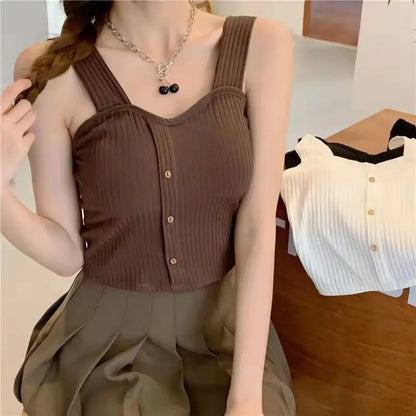 Women's Y2K Cropped Tops with Bra Pads Summer Corset Korean Suspenders Vest Sexy Camisole Slim New