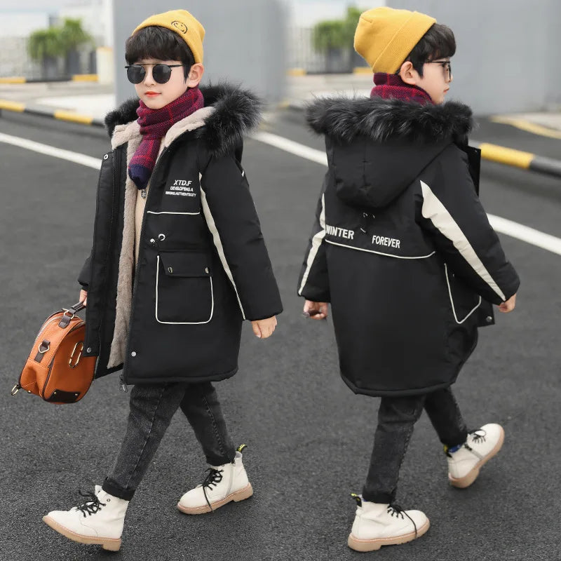 Winter Warmth Boys Fur Hood Fleece Lined Drawstring Zip Long Puff Jacket School Kids Therme Parka Child Snow Coat Outfit 3-15Yrs