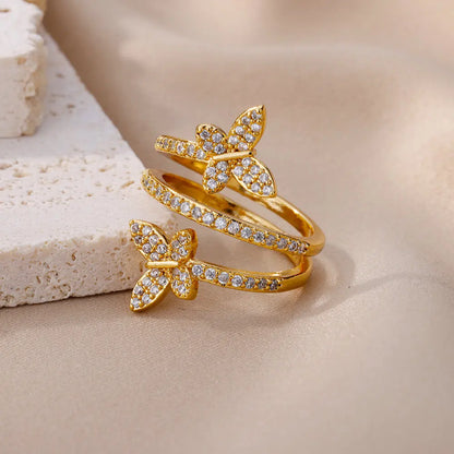 Zircon Double Butterfly Rings For Women Stainless Steel Gold Color Open Multilayer Ring Fashion Wedding Party Jewelry 2024 New