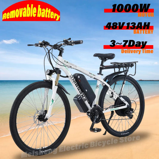 Ebike AKEZ 1000W CityElectricBike Detachable 13Ah Battery Electric Bike 60 Mile Range Dual Disc Brake Alloy Electric Bike