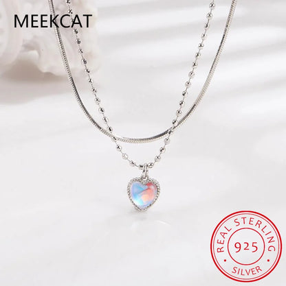 925 Sterling Silver Double Love Heart-shaped Moonstone Pendant Necklace Women Gradient Gemstone Clavicle Chain Couple VNS8989