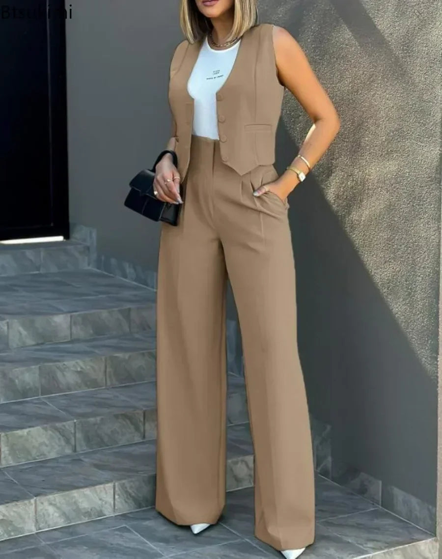 New 2024 Women's Summer Casual 2PCS Pants Sets Solid Vest +Pants Sets Elegant High Waist Wide Leg Outfits Women Matching Sets