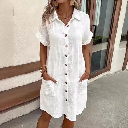 Summer Turn Down Collar Button Up Dress For Women Casual Loose Short Sleeve Pocket Splicing Solid Color Dresses Femme Robe