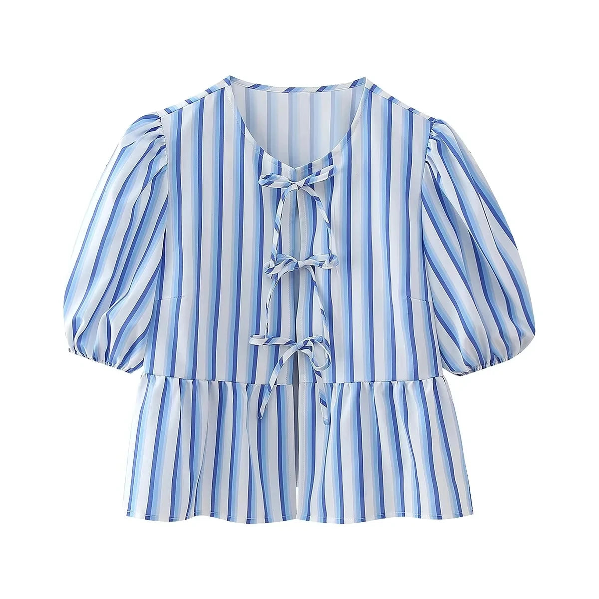 TRAFZA Women Elegant Stripe Bow Lace Up Blouse 2024 Fashion Short Sleeve Loose Shirt Female Spring Summer Vintage Chic Tops