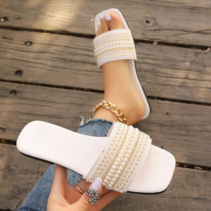 Women Luxury Pearl Slippers 2024 Summer Square Toe Flats Slides Sandals Woman Comfortable Non Slip Beach Flip Flops Big Size 43