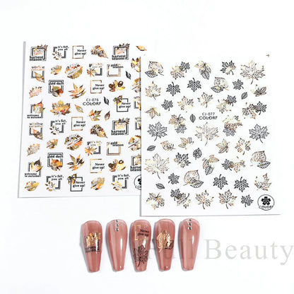 Shiny Maple Geometry Autumn Nail Art Stickers Laser Sector Fall Leaves Decals Cute Squirrel Slider Manicure Decorations CHCJ-076