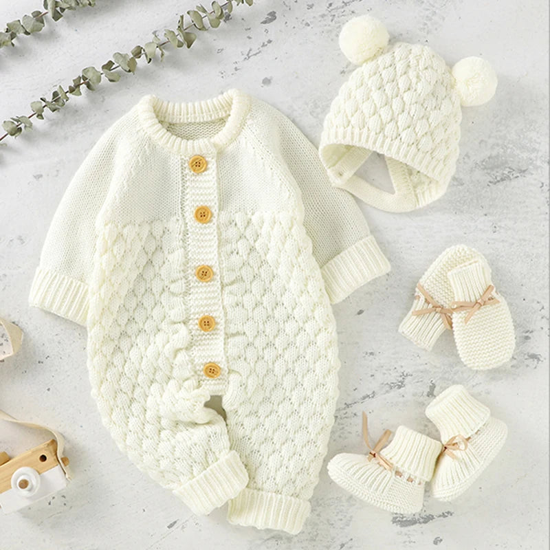 Winter Warm Knitted Baby Rompers & Shoes + Gloves