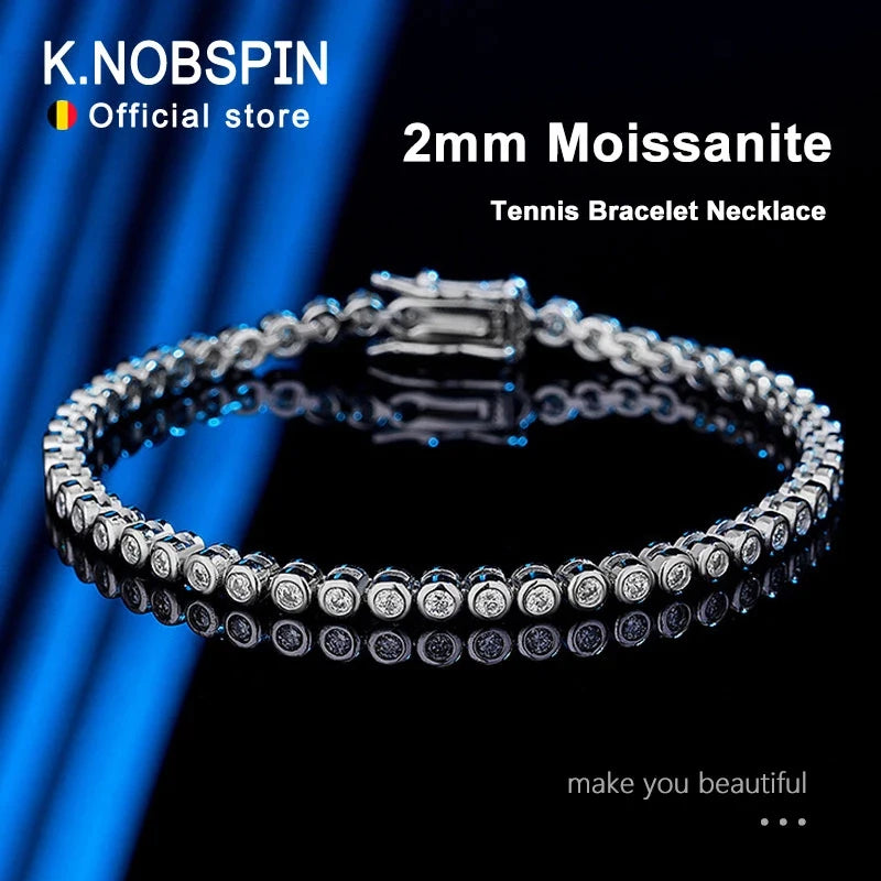 KNOBSPIN 2mm Moissanite Tennis Bracelet for Woman Men Hip Hop Chain with GRA 100% Sterling Sliver 18k White Gold Plated Bracelet