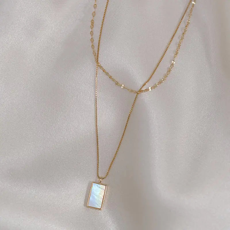 Stylish Natural Shell Square Pendant Necklace Stainless Steel Metal Layered Collar Titanium Charm Jewelry Waterproof