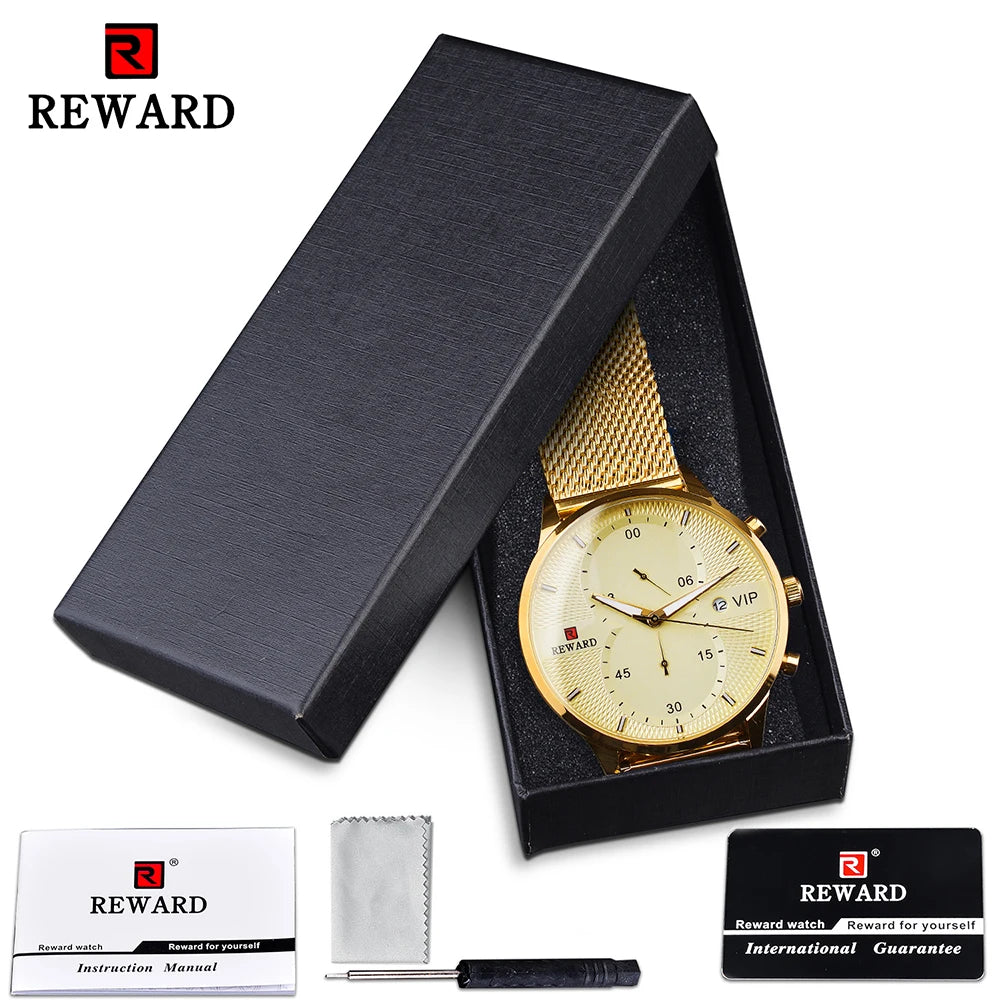 REWARD Classic Gold Wrist Watches For Top Brand Luxury Business Date Waterproof Luminous Stainless Steel Men Quartz Wristwatch