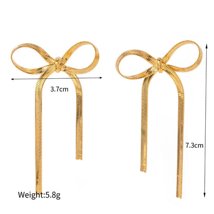 New Fashion Gold Color stainless steel Flat Snake Chain Knot Bow Earrings for Women Girls Bowknot Long Tassel Earring Jewelry