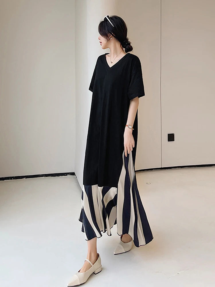 NYFS 2024 Summer New Korea Dresses For Women Vestidos Robe Elbise Loose Plus Size Patchwork Silk Velvet Stripe Long Dress