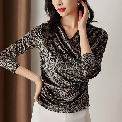 Spring New Leopard Female Clothing 2023 V-neck Pullovers Long Sleeve Bottoming Shirt Women Asymmetrical Slim Sexy T-shirt