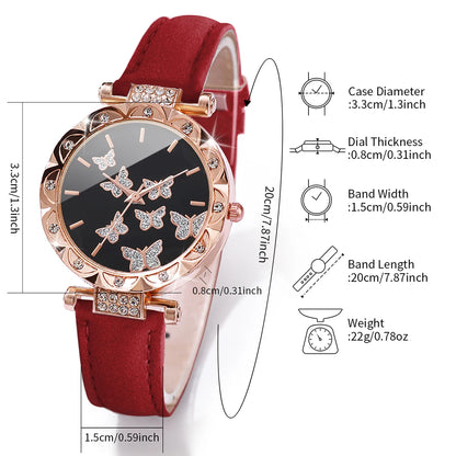 5PCS/Set Women's Watch Fashion Rhinestone Leather Band Quartz Watches Butterfly Jewelry Set（Without Box）