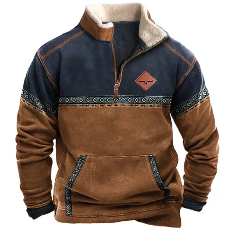 Vintage Sweatshirt For Men Ethnic Style Casual Warm Hoodie Tops Turtleneck Zipper Jacket Pullover Harajuk Fleece Sweatshirts