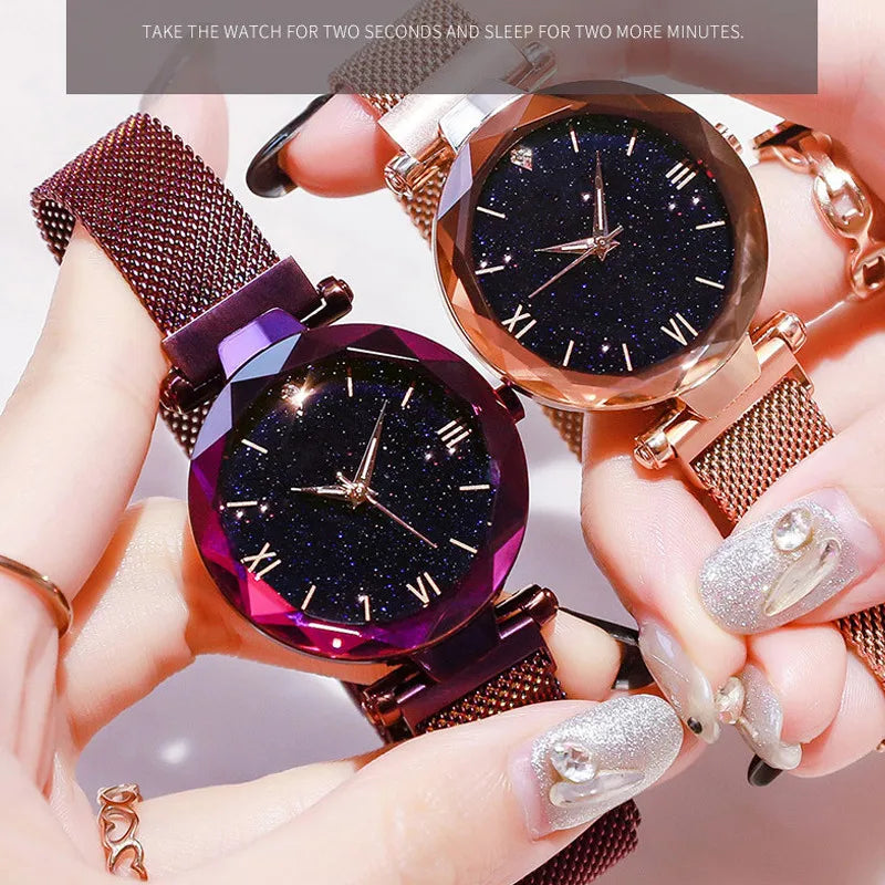 Womens Fashion Starry Sky Watches Magnet Buckle Mesh Belt Diamond Quartz Watch Women Dress Clock