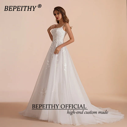 BEPEITHY Customized A Line Wedding Dresses 2023 For Women Bride Sleeveless Sweep Train Boho Robe De Mariée White Bridal Gown