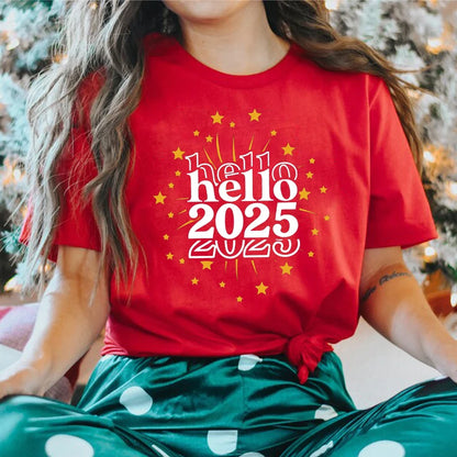 Hello 2025 Happy New Year Funny Printed Women Clothing Fashion Casual Short Sleeve White Female Tops Streetwear Tees