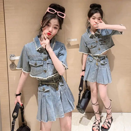 New Summer Teenage Girls Clothes Top+Denim Shorts 2pcs Kids Girl Outfits Clothing 4 6 8 10 12 14 15 Years Children Garments