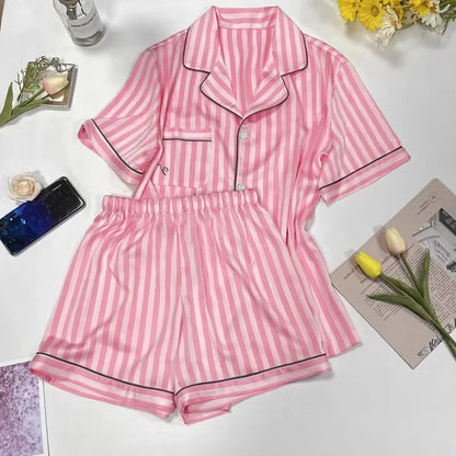 Women's Pajamas Sets Spring Autumn 2 Piece Print Striped Pyjama Faux Silk Satin Sleepwear Short Sleeve Pijama Mujer Pjs Homewear