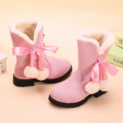 Girls Snow Boots Winter Warm Plush Kids Boots Cute Princess Sweet Bow-knot with Ball Hairball Flock Children Winter Boots 27-38