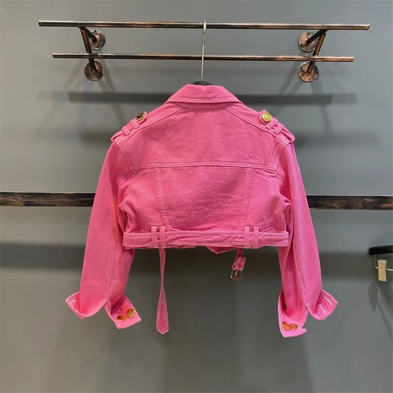 2-15 pink kids baby girls Jean jacket autumn solid color lapel metal button children fashion teenages girl short coat clothes