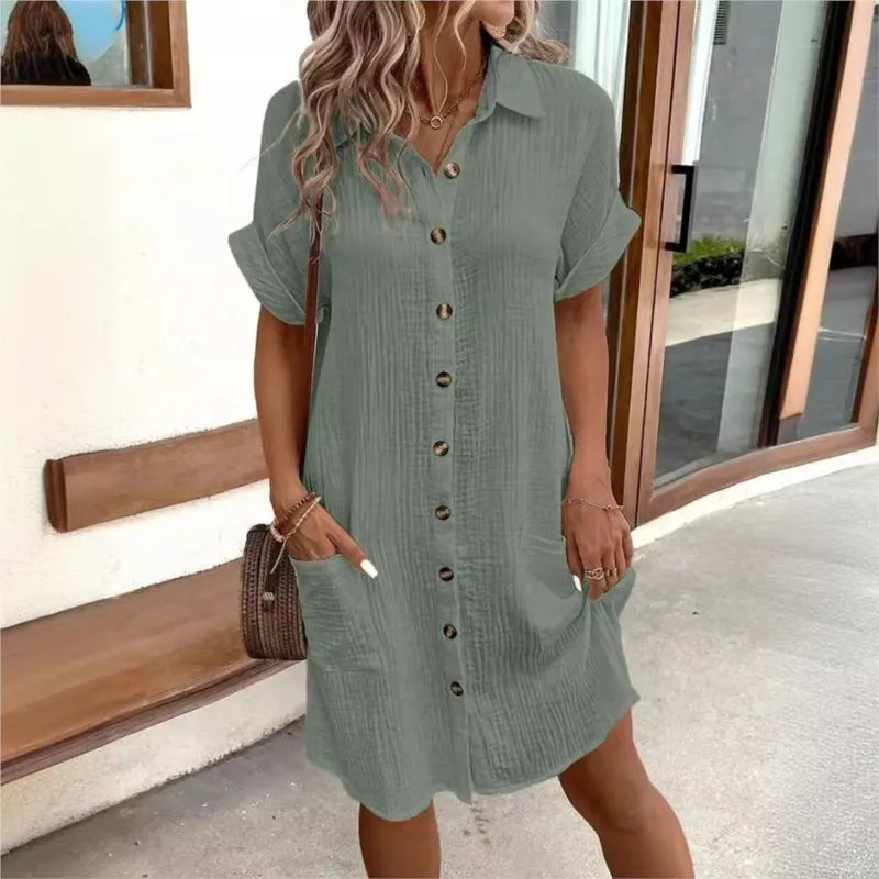 Summer Turn Down Collar Button Up Dress For Women Casual Loose Short Sleeve Pocket Splicing Solid Color Dresses Femme Robe