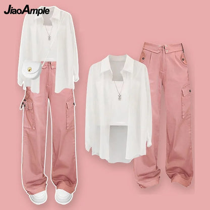 Women Summer New Chiffon Sunscreen Shirt+Strap+Cargo Pants Three Piece Suit Korean Elegant Cardigan+Casual Trousers Matching Set