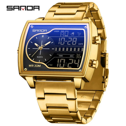 SANDA 6163 Fashion Trend Men's Quartz Watch Fashion Square Watch Countdown Sports Waterproof Dual Display Digital Men's Watches