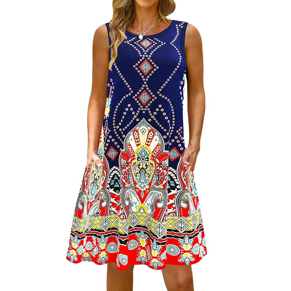 Colorful Printed O Neck Long Dress Casual Bohemian Sleeveless