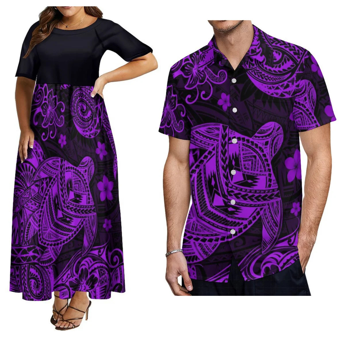 Hot-Selling Women'S Short-Sleeved Dress And Men'S Aloha Shirt Samoa Polynesian Tribe Paired With A Black Couple Outfit