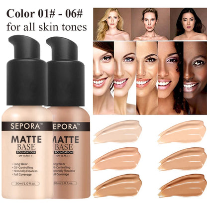 30ml SEPORA 6-Color Matte Liquid Foundation Oil Control Waterproof Full Coverage Facial Natural Concealer Base Makeup Cosmetics