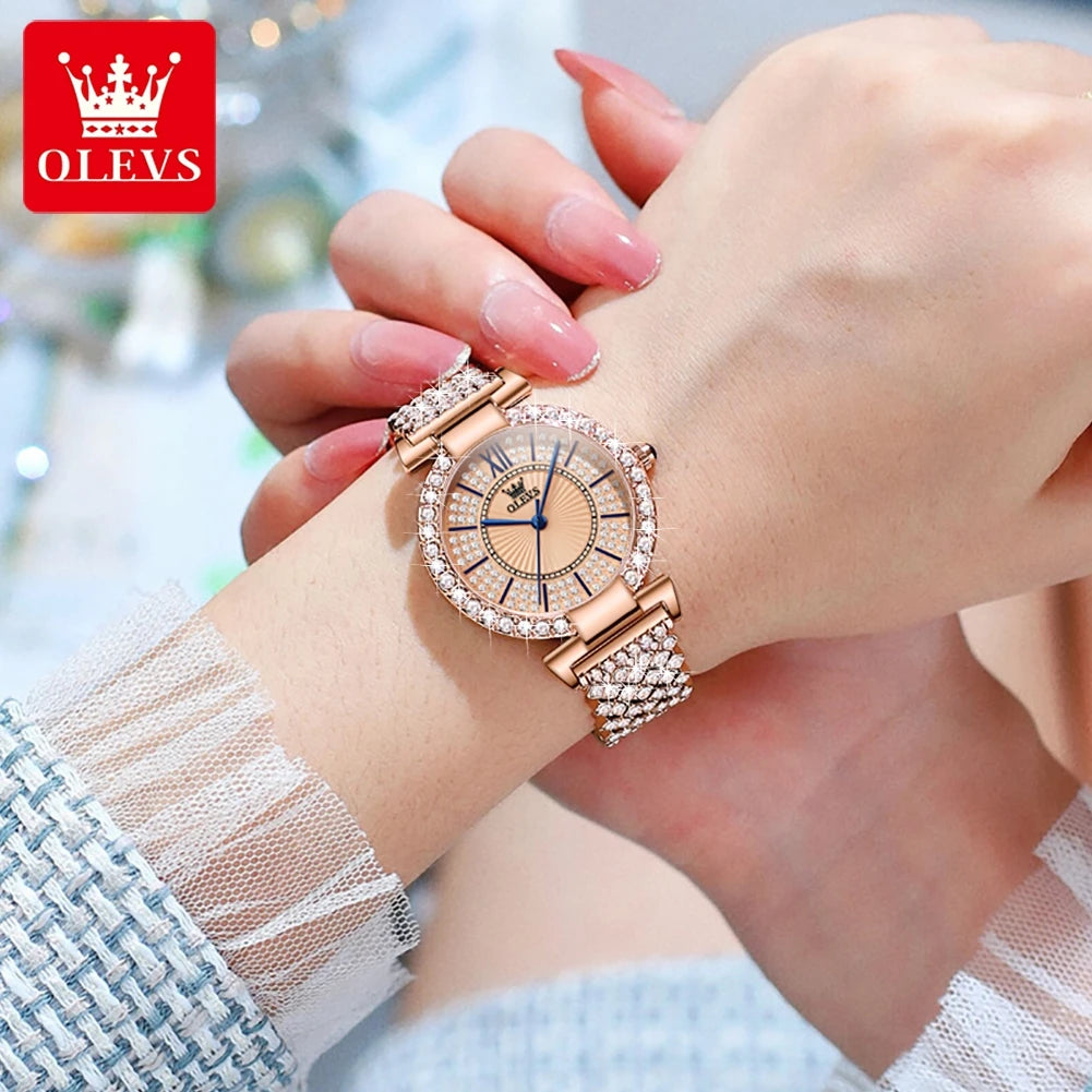 OLEVS Original Full Diamond Luxury Quartz Watch for Women Elegant Rose Gold Ladies Dress Wristwatch Stainless Steel Girl's Watch