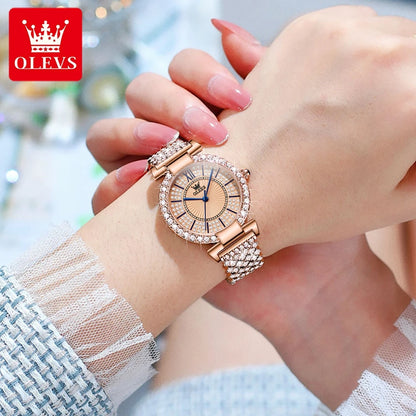 OLEVS Original Full Diamond Luxury Quartz Watch for Women Elegant Rose Gold Ladies Dress Wristwatch Stainless Steel Girl's Watch