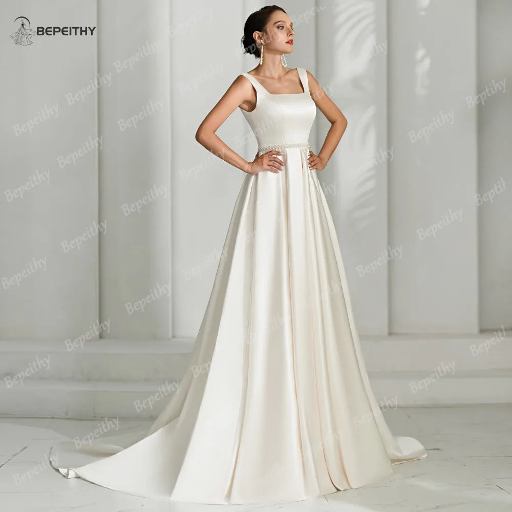 BEPEITHY Customized 2024 Square A Line Wedding Dresses Sweep Train Open Back Vintage Bride Ivory Bridal Gown Vestidos De Novias