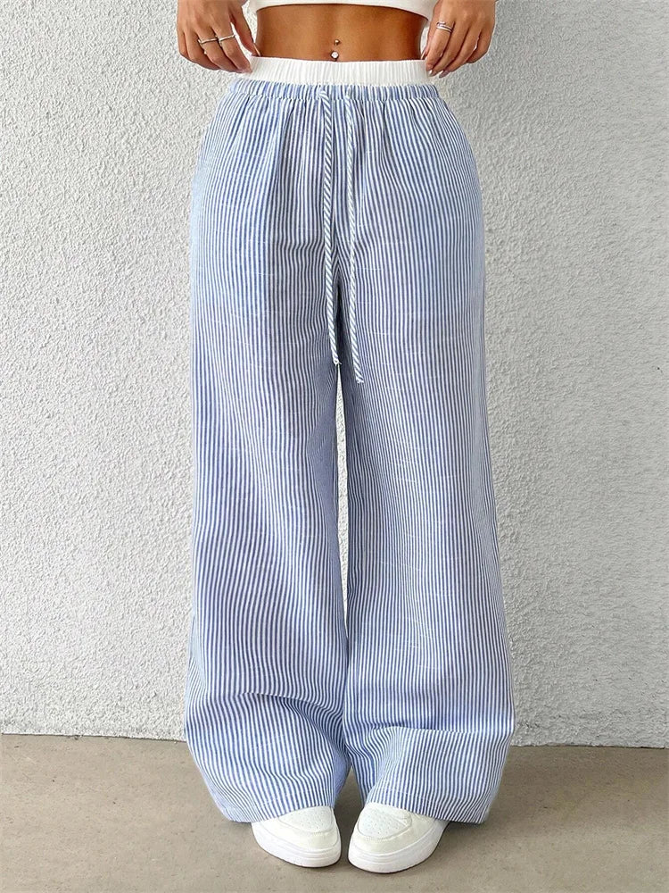 Women's Casual Striped Woven Wide Leg Pants Fall Winter 2024 Casual Stylish Full Length Trousers Y2K Clothes Streetwear